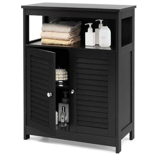 Bathroom Floor Cabinet Wooden Storage Double Doors And Adjustable Shelf