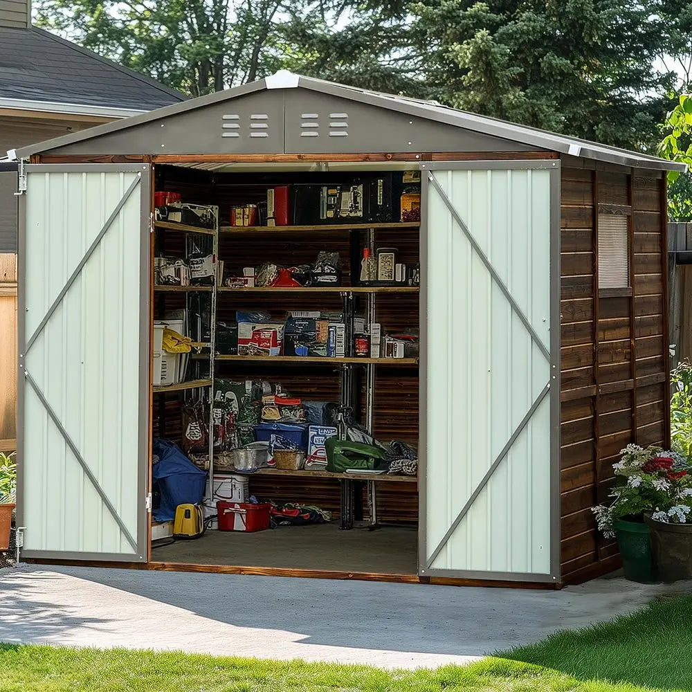 YTYIN Outdoor Storage Shed Iron Wood Cedar Panels Metal Roof