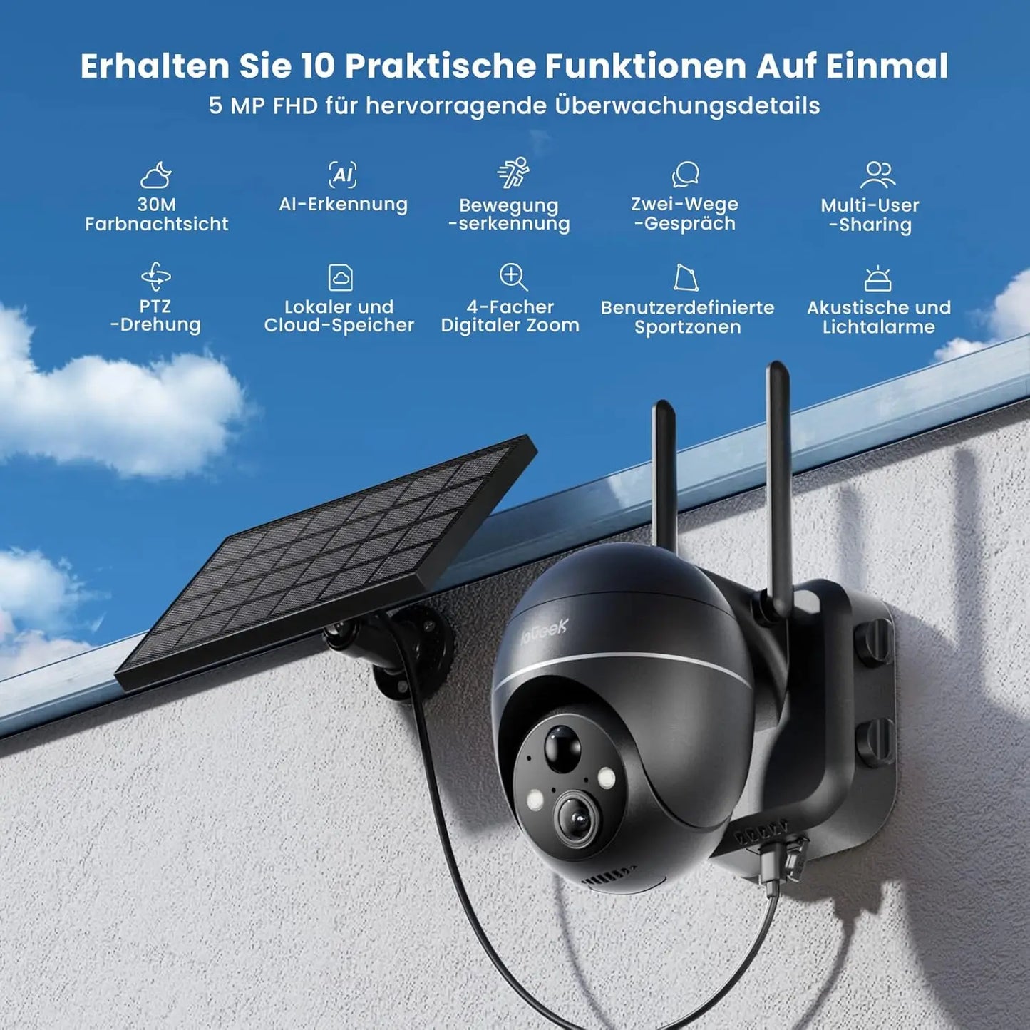 IEGEEK Outdoor 5MP Solar PTZ WiFi Surveillance Camera with PIR