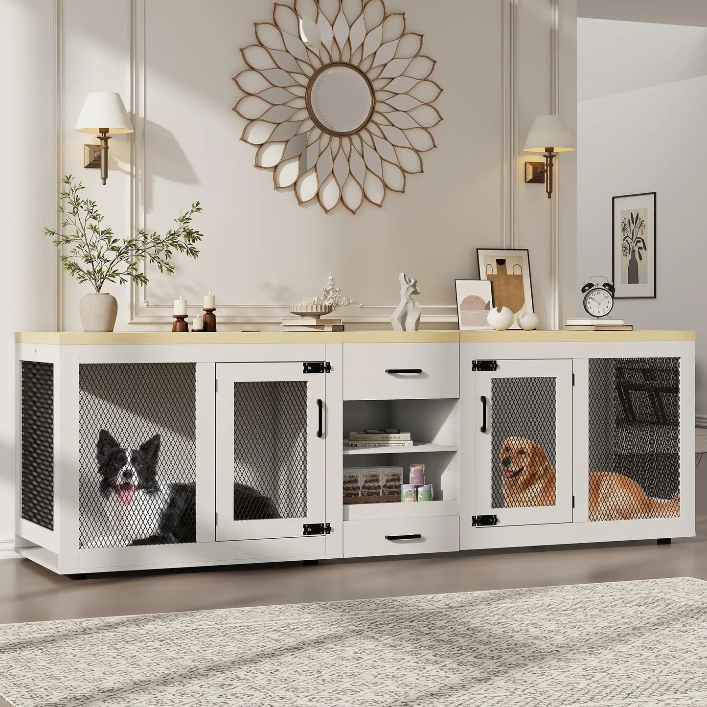 HiMISS Heavy Duty Dog Crate TV Stand With Feeding Station