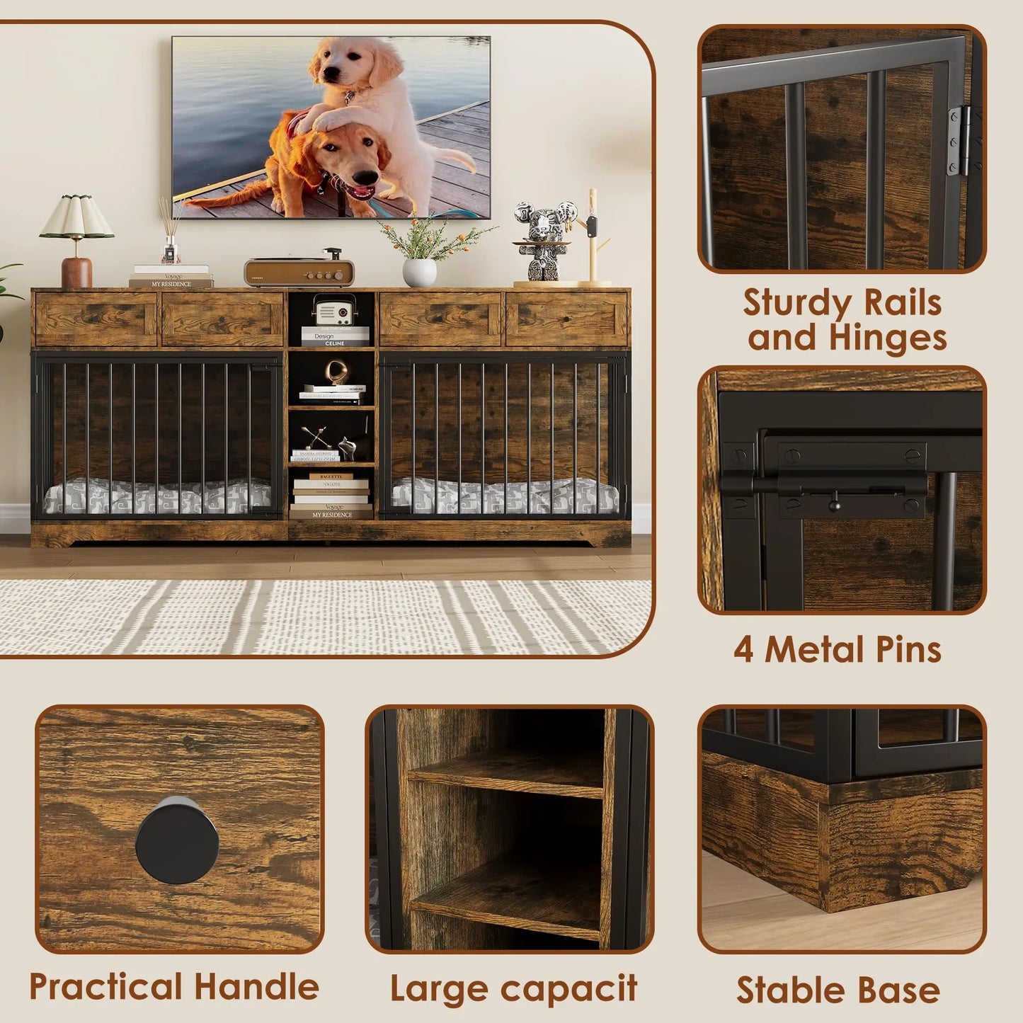 HiMISS Heavy Duty Wooden Dog Crate TV Stand With Drawers