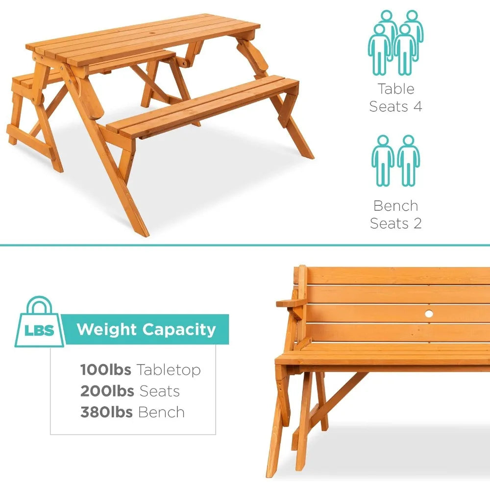 2-In-1 Outdoor Wooden Picnic Table And Bench With Umbrella Hole
