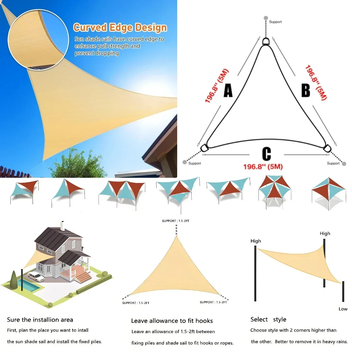 Triangle Sun Shade Sail Canopy UV Block For Outdoor Patio Garden With Free Rope