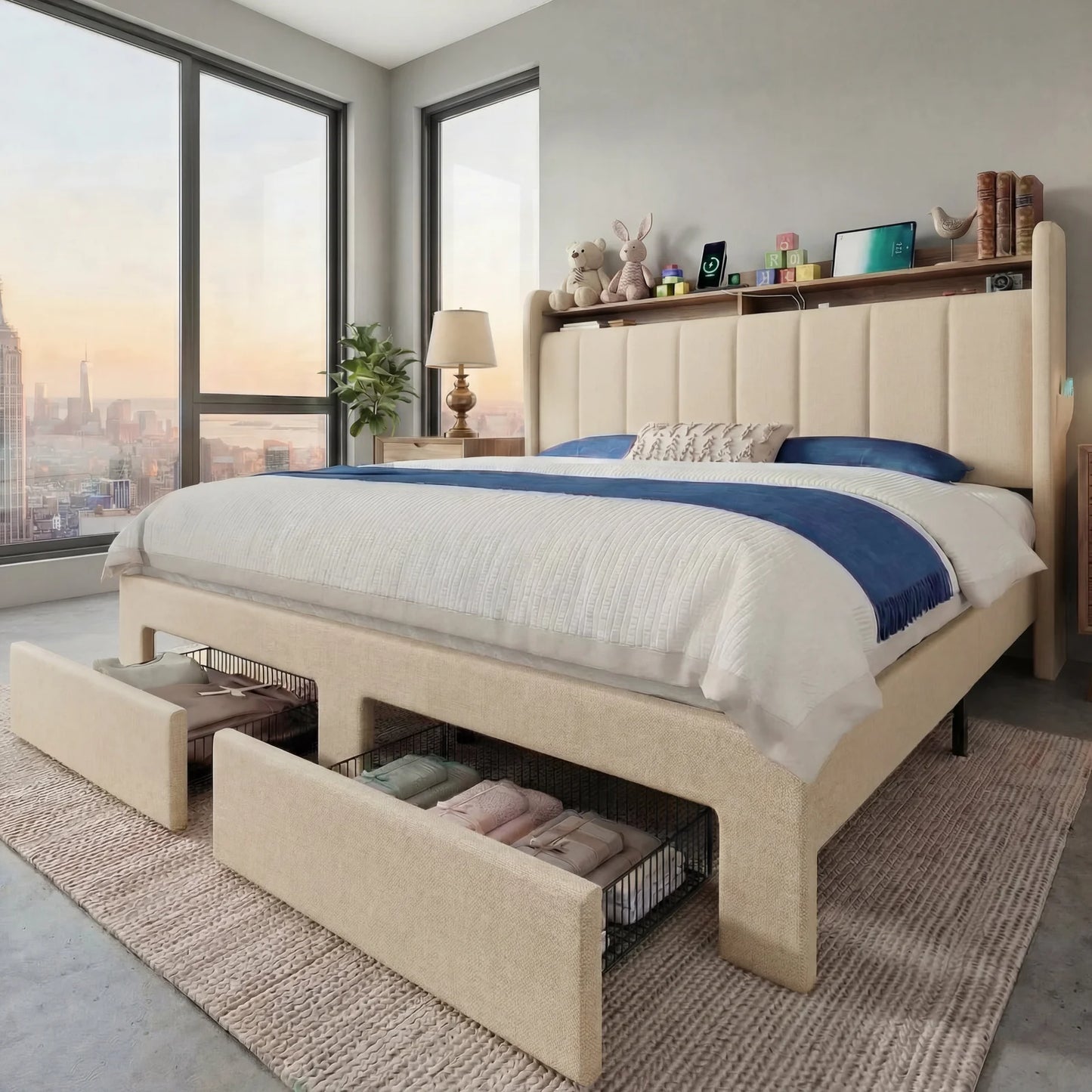 HOOMIC Bed Frame With Storage Drawers LED Lights Charging Station