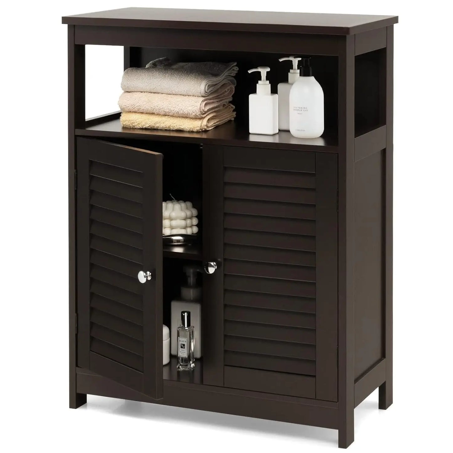 Bathroom Floor Cabinet Wooden Storage Double Doors And Adjustable Shelf