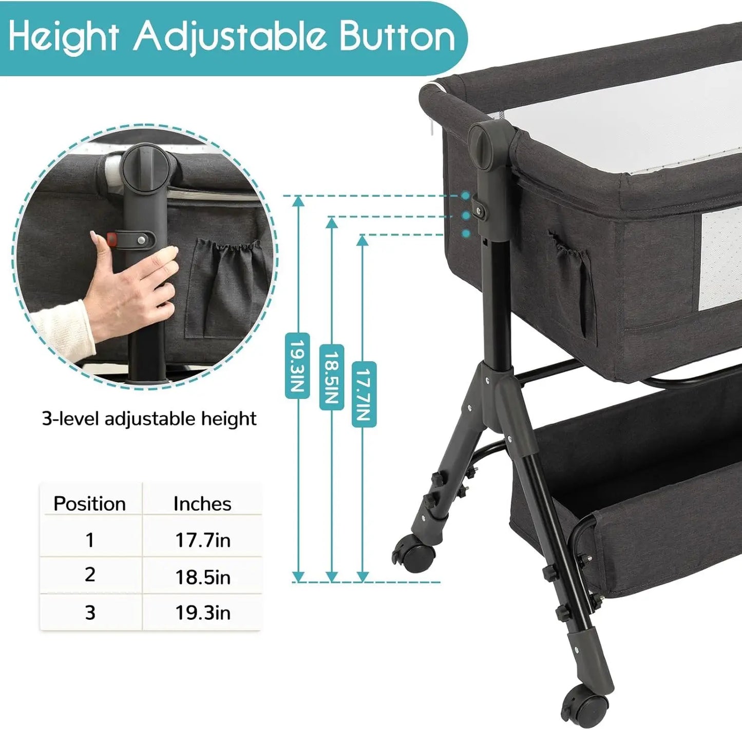 3-In-1 Adjustable Baby Bassinet With Folding Wheels Mosquito Net