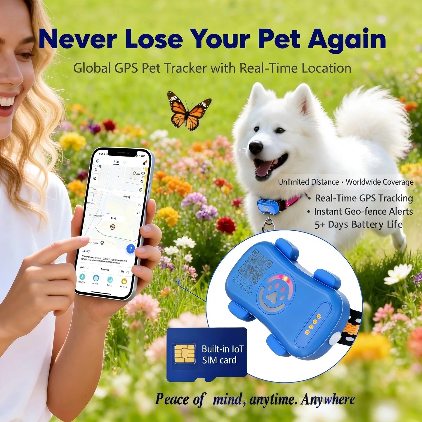 WANWAYTECH GPS Pet Tracker QR Code Anti Lost IoT SIM