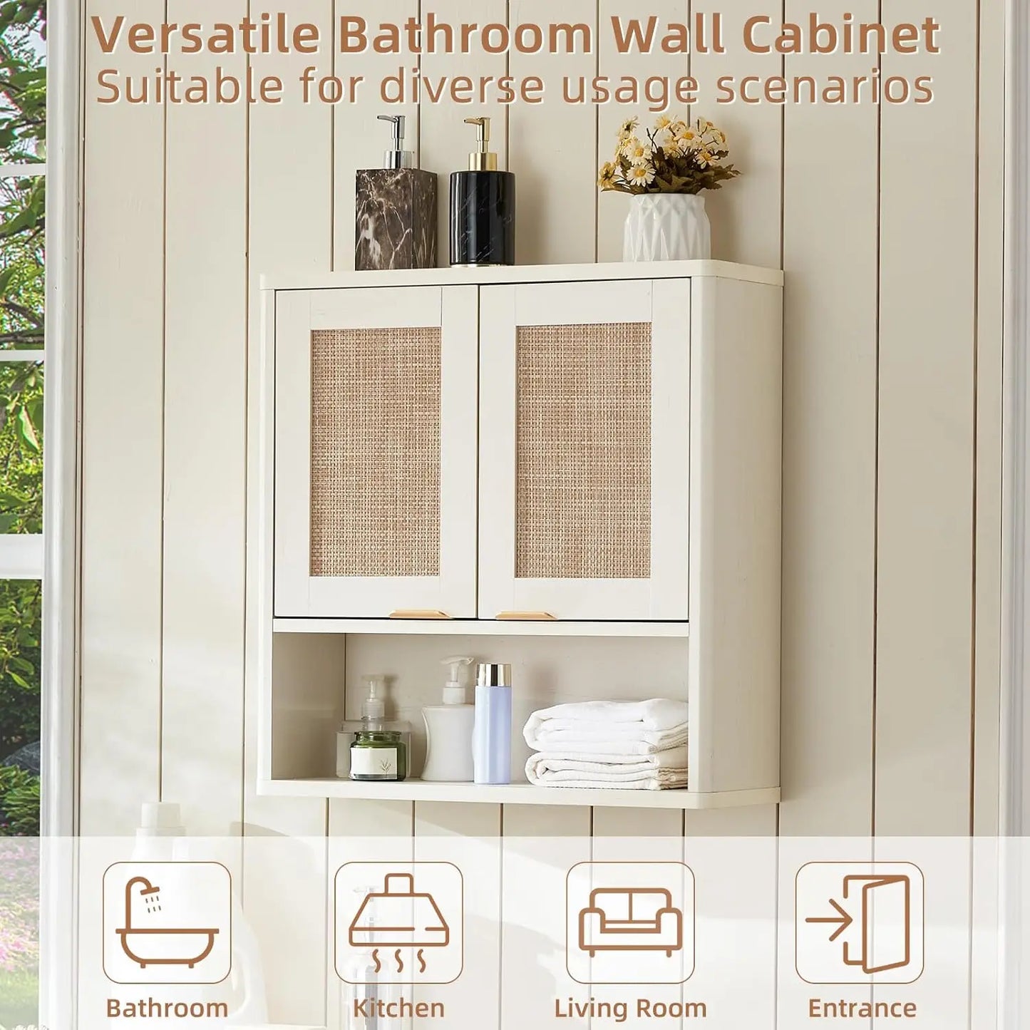 Rattan Boho Bathroom Wall Cabinet With Adjustable Shelves And Doors