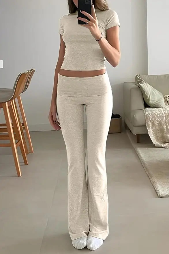 Women's Yoga Set Short Sleeve Top With Cuffed Flare Trousers