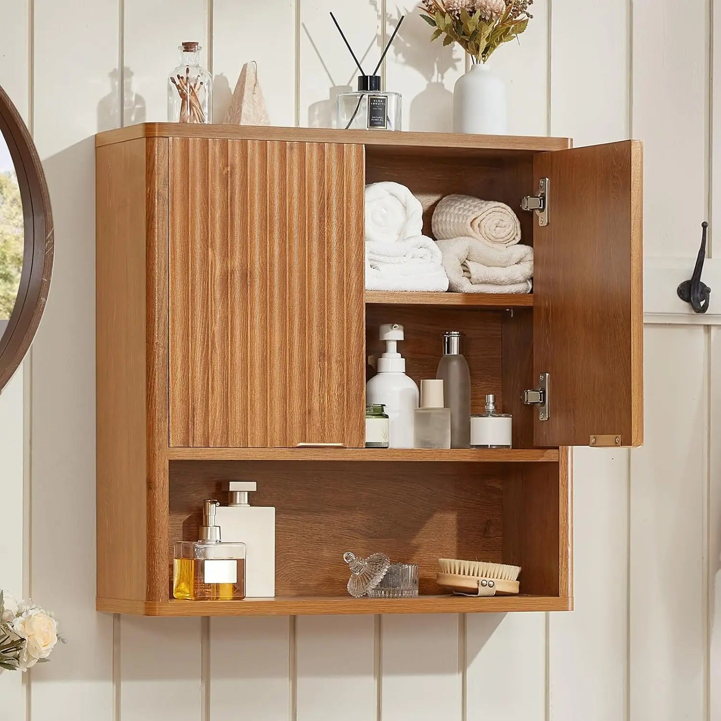 Rattan Boho Bathroom Wall Cabinet With Adjustable Shelves And Doors