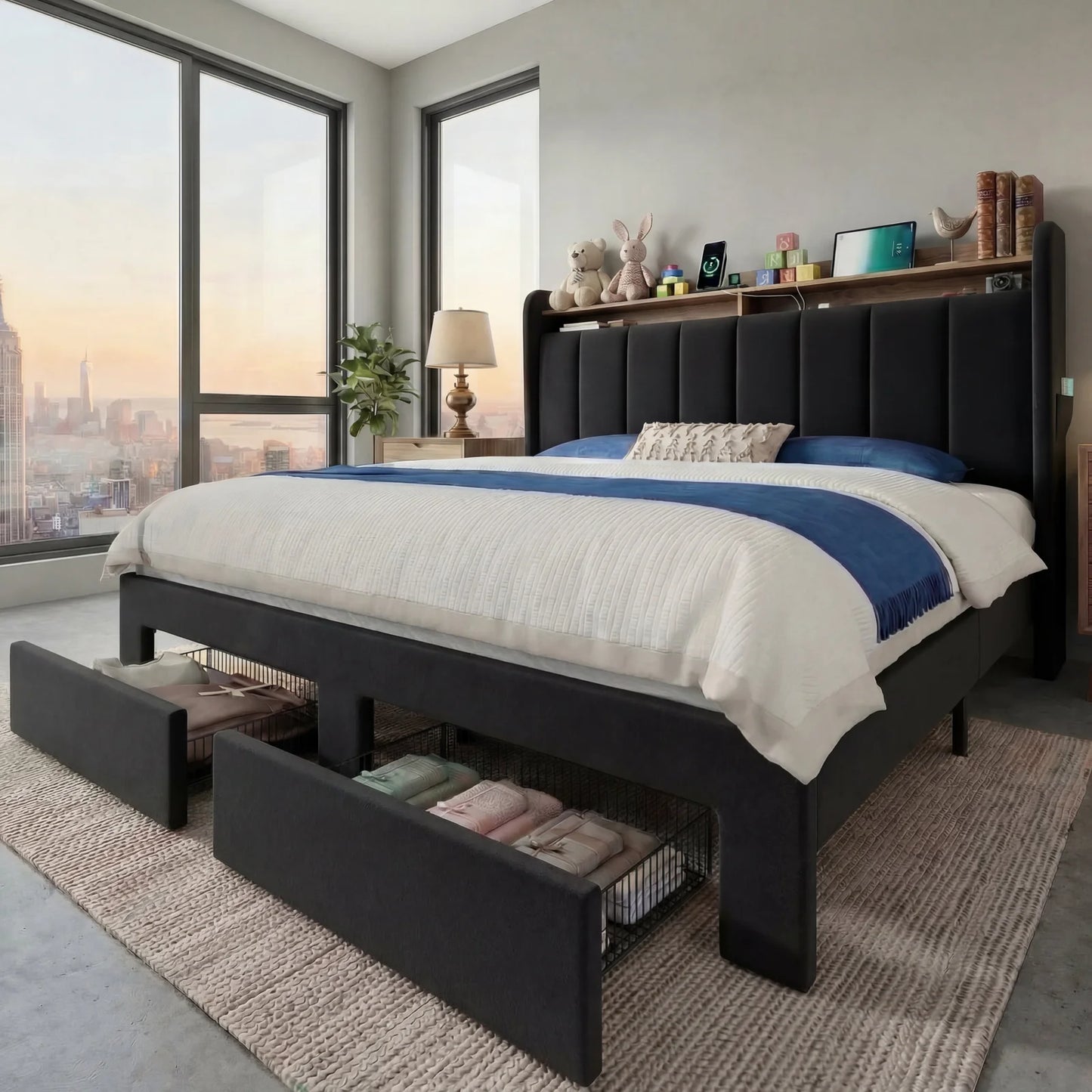 HOOMIC Bed Frame With Storage Drawers LED Lights Charging Station