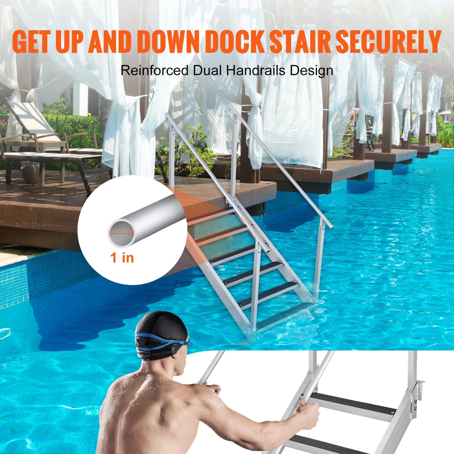 SucceBuy Four To Six Step Dual Handrails Dock Ladder Aluminum