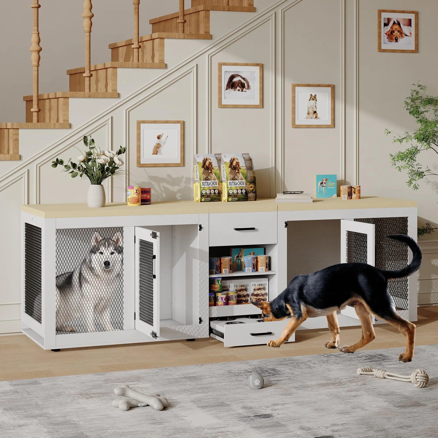 HiMISS Heavy Duty Dog Crate TV Stand With Feeding Station