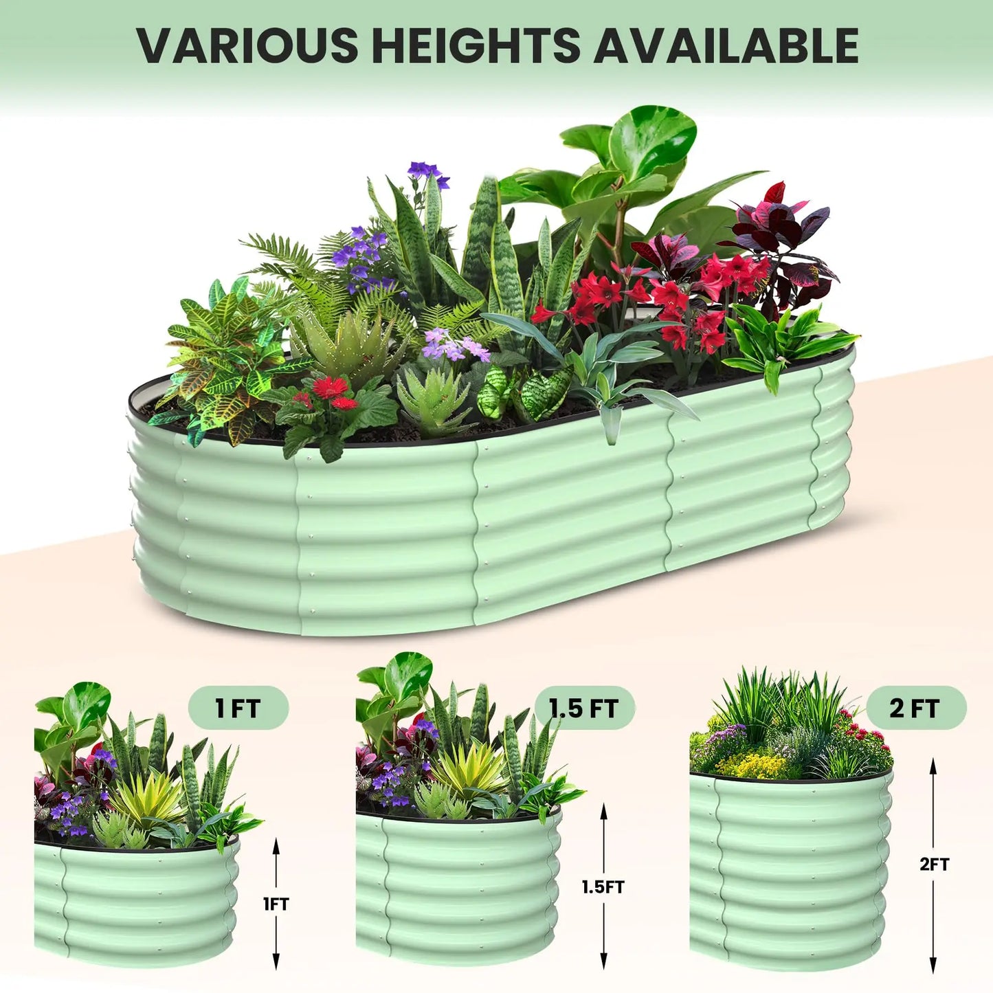 HiMISS Oval Galvanized Steel Raised Garden Bed Safety Edge 2-Pack Planter