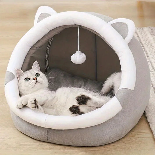 NONECN Cartoon Cat House With Removable Pad Plush Cave Bed