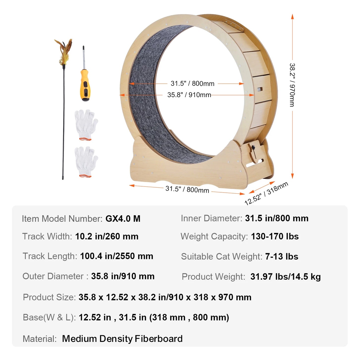 SucceBuy Wooden Cat Exercise Wheel For Indoor Cats With Detachable Carpet