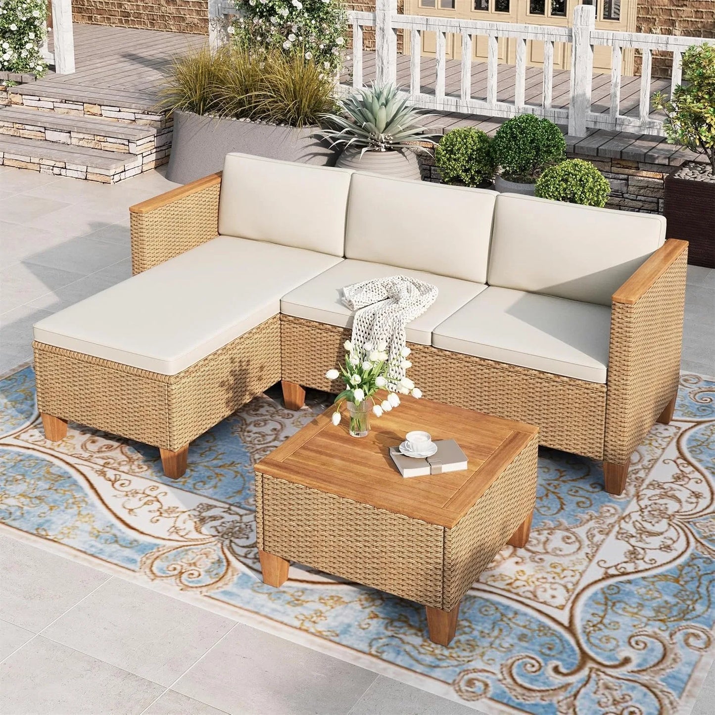 XIUWO 3 Piece Patio Furniture Set Wicker Sofa And Table