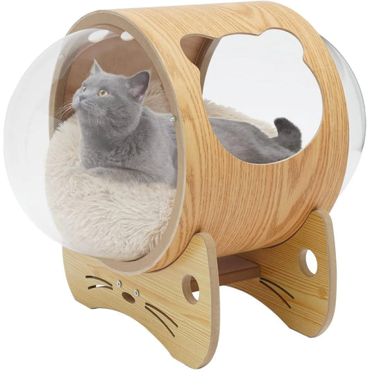 Cat Pod Bed With Wooden Frame And Clear Acrylic Dome For Ventilation