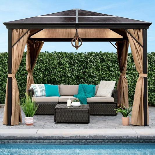 10x10ft Aluminum Hardtop Gazebo With Mosquito Netting And Curtains