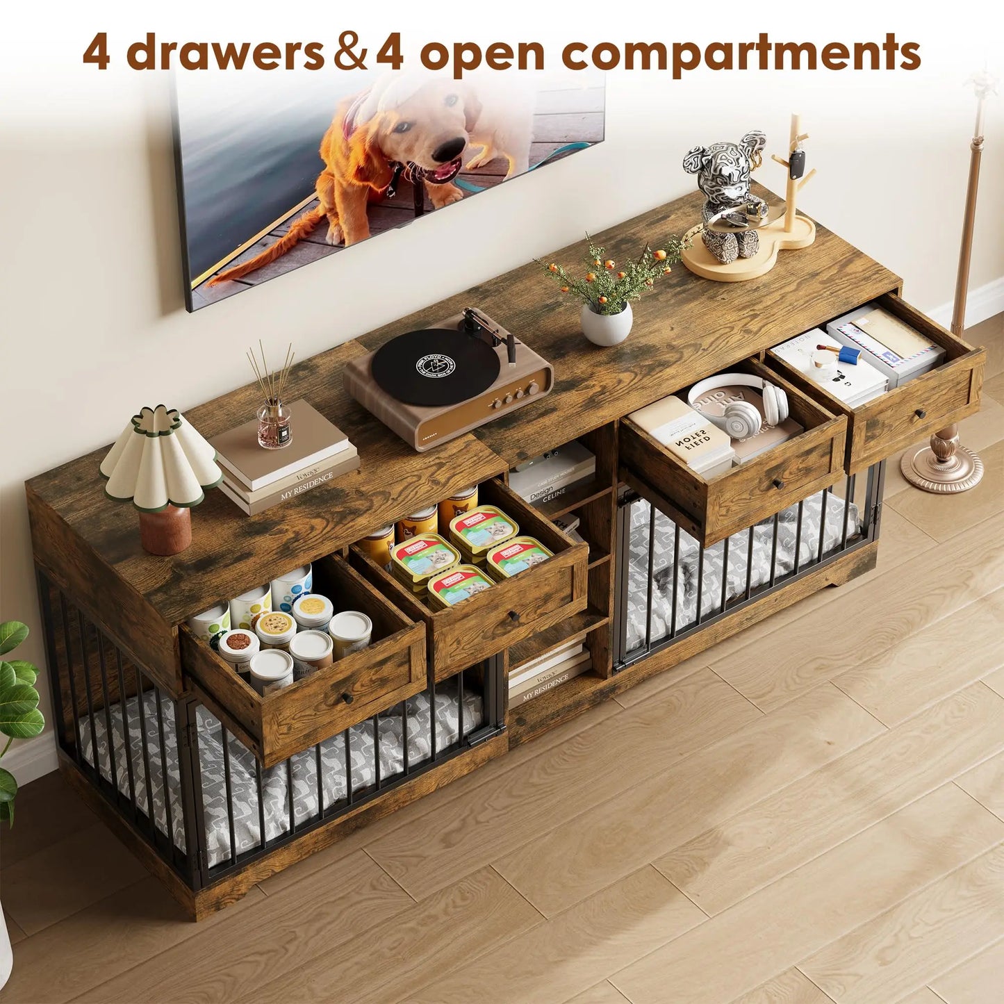 HiMISS Heavy Duty Wooden Dog Crate TV Stand With Drawers
