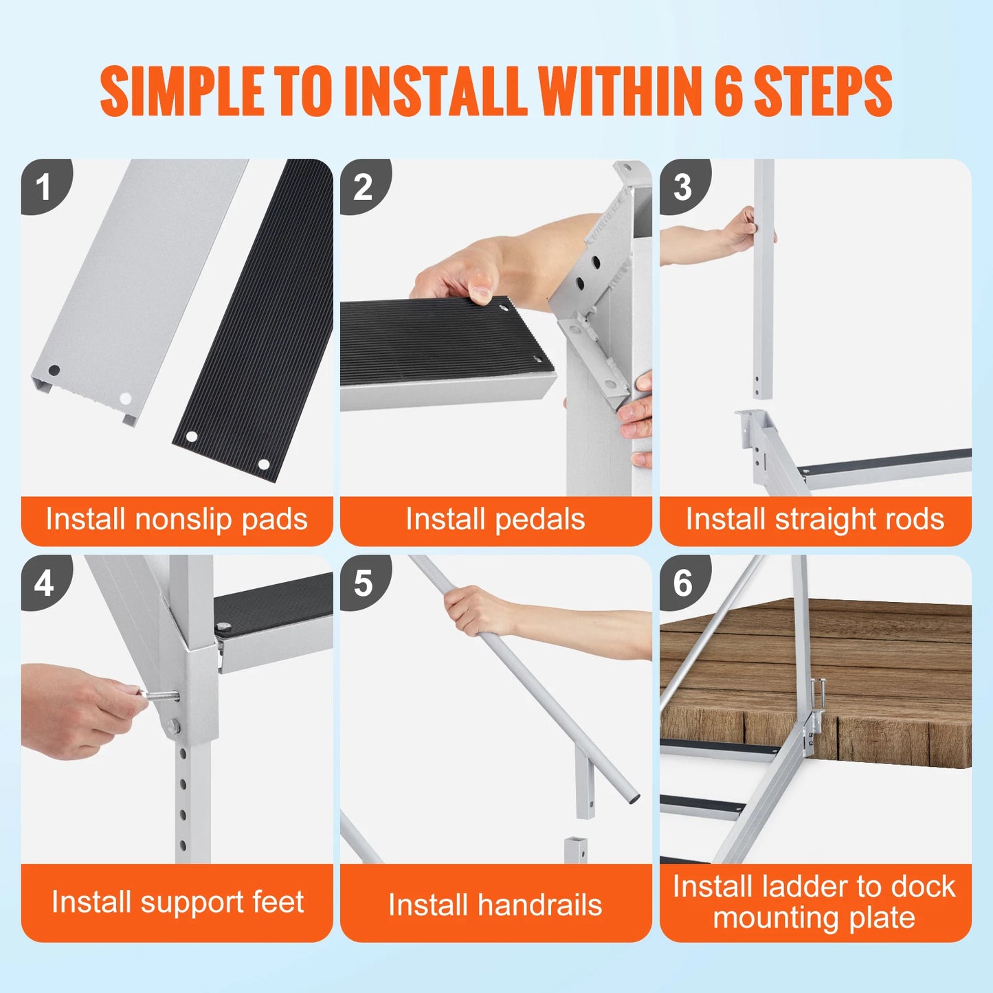 SucceBuy Four To Six Step Dual Handrails Dock Ladder Aluminum