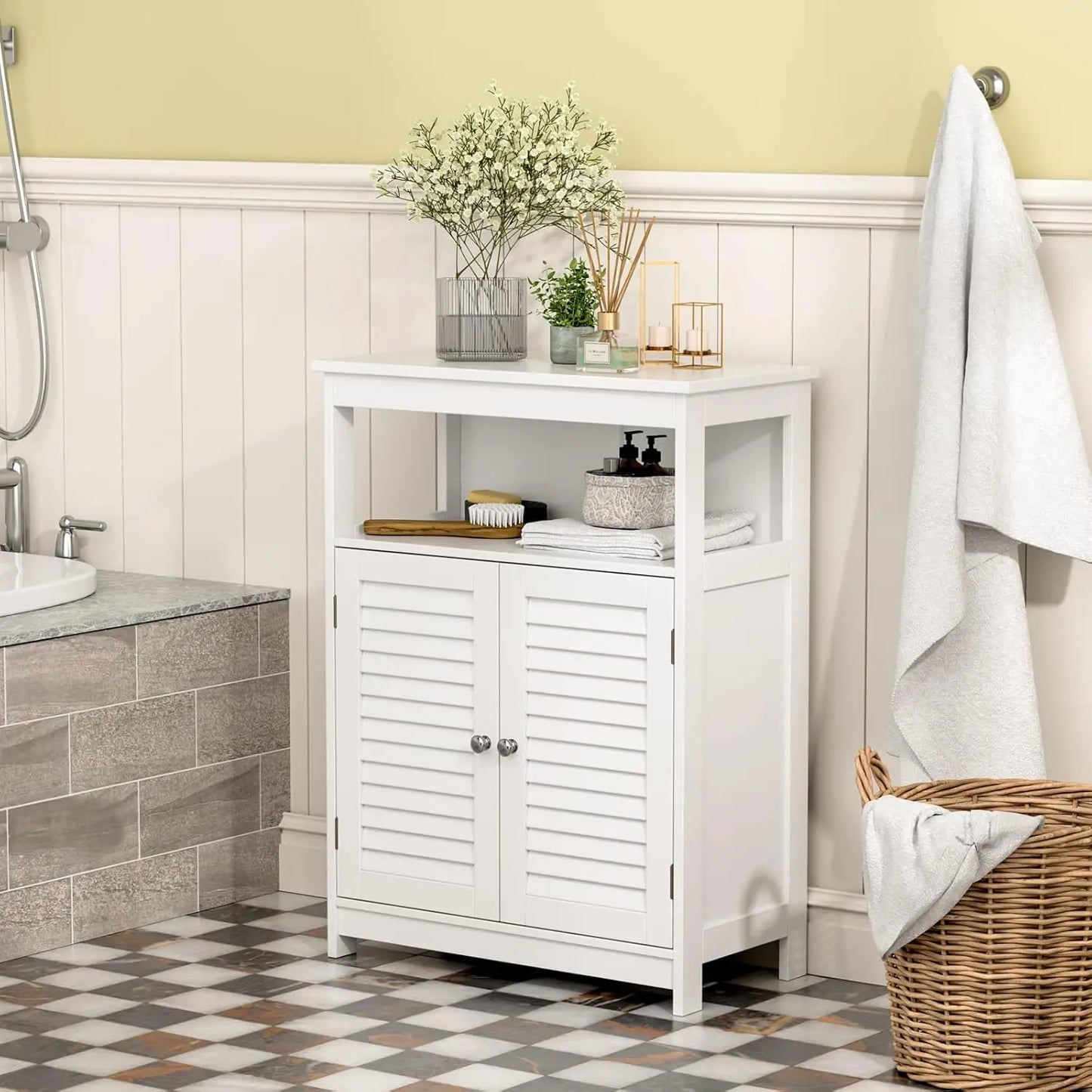 Bathroom Floor Cabinet Wooden Storage Double Doors And Adjustable Shelf