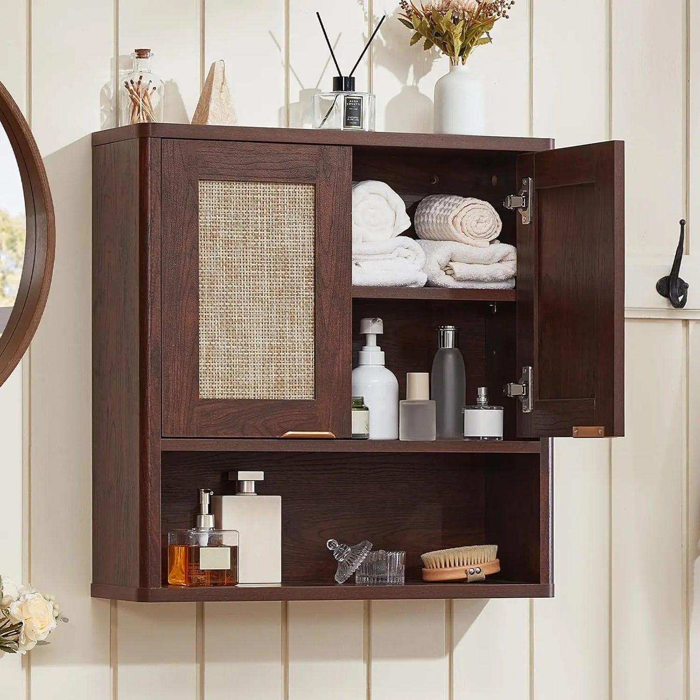 Rattan Boho Bathroom Wall Cabinet With Adjustable Shelves And Doors