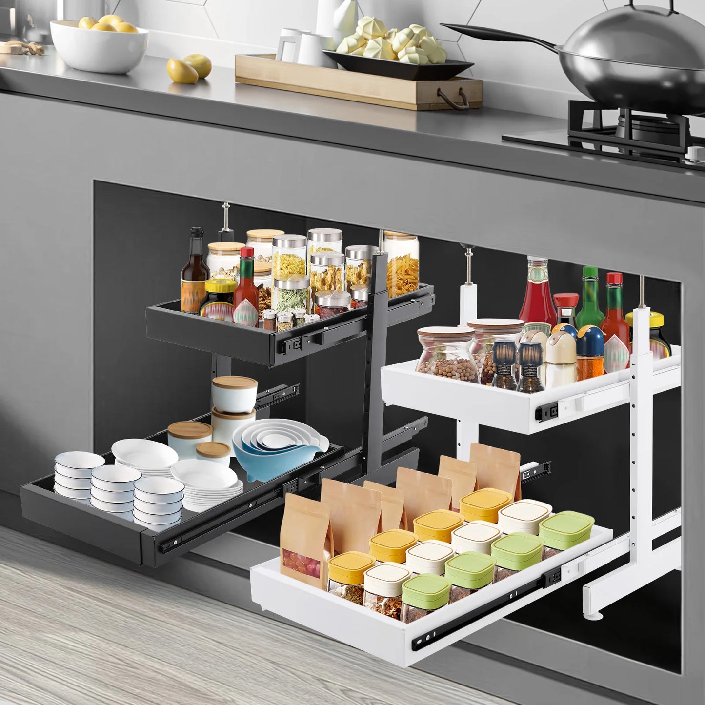 Carbon Steel Expandable Pull Out Cabinet Organizer 2 Tier Drawers