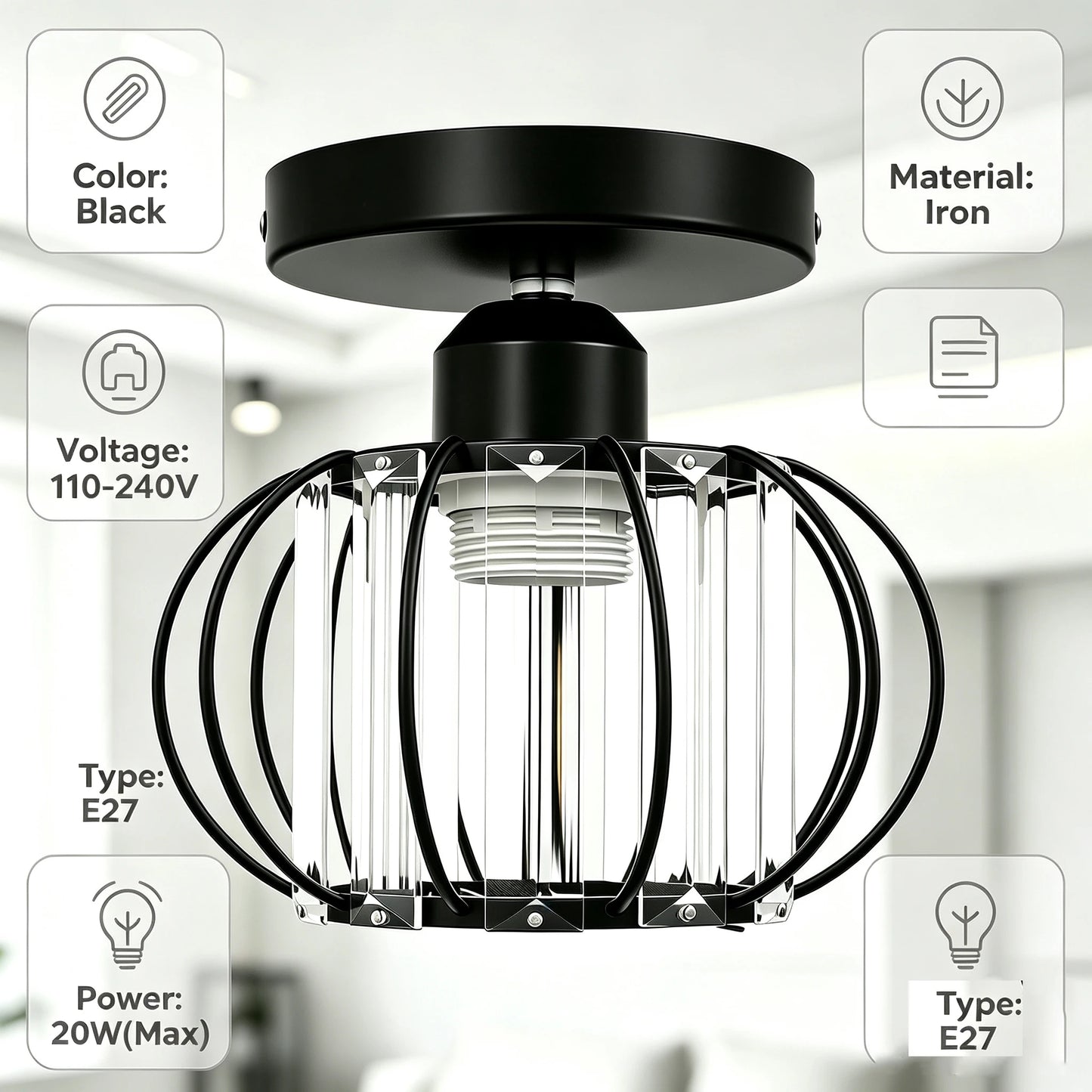 Modern Semi Flush Mount Ceiling Light Fixture, Small Crystal Chandelier Indoor Lighting for Bathroom Hallway Cafe Bar Porch Hall