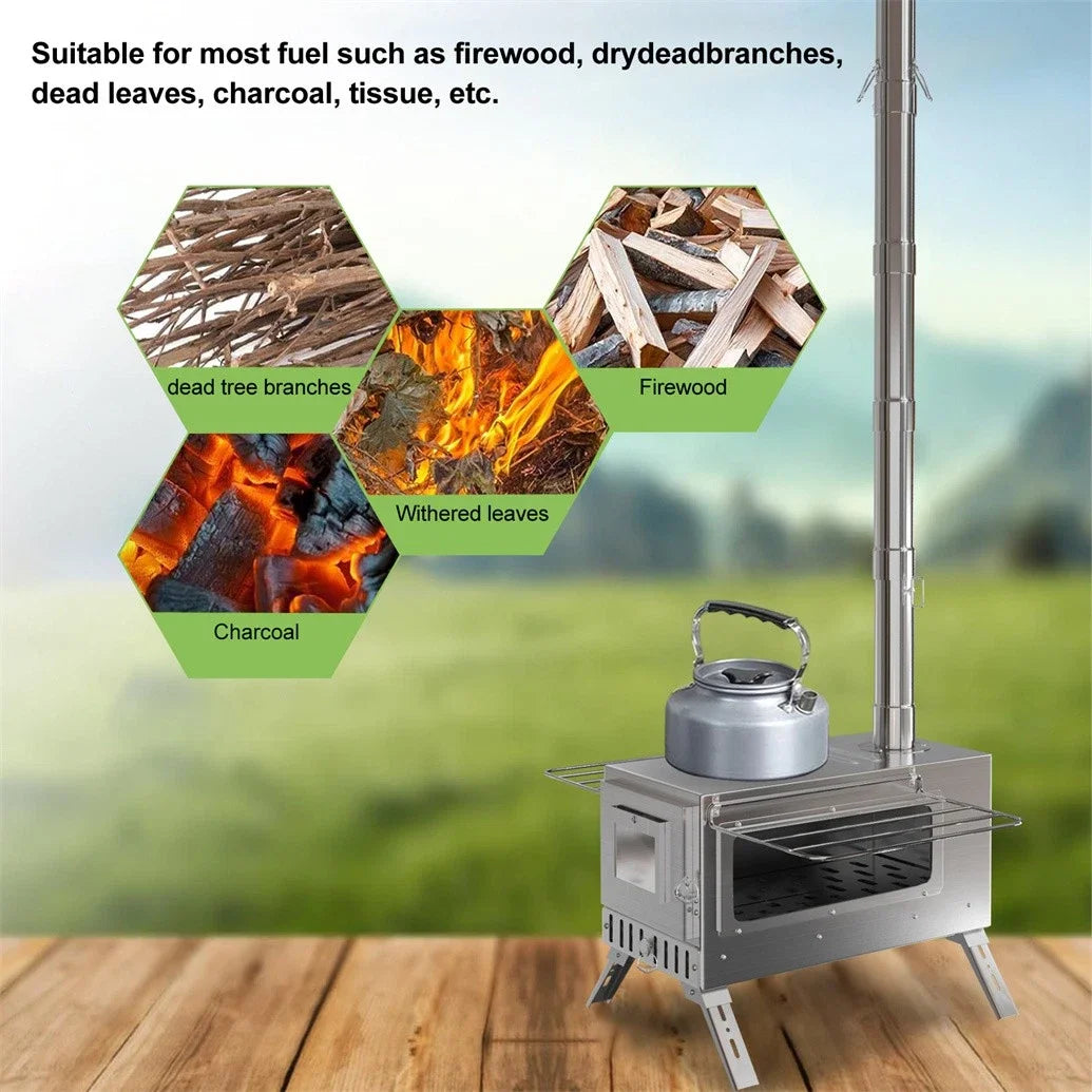 Portable Wood Burning Stove With Six Stainless Chimney Pipes