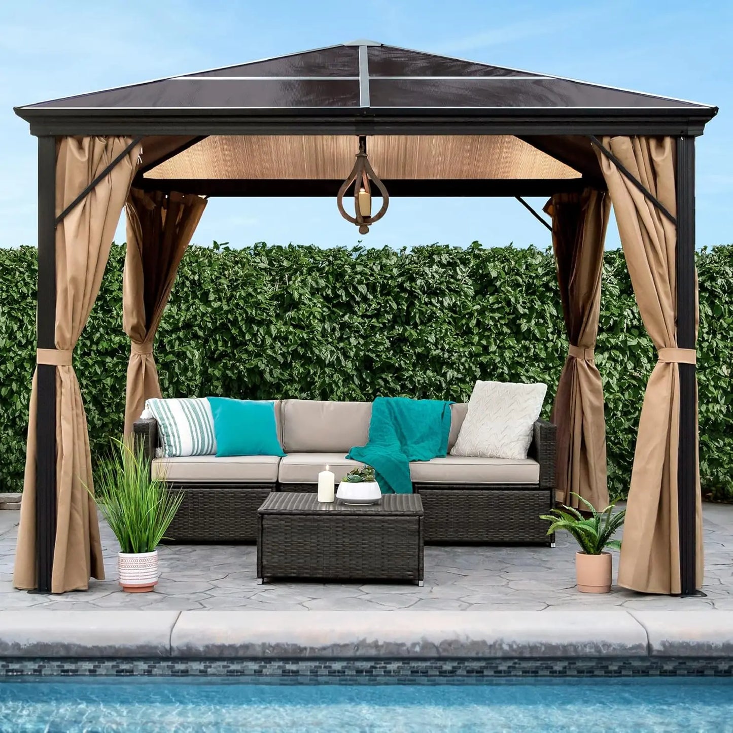 10x10ft Aluminum Hardtop Gazebo With Mosquito Netting And Curtains