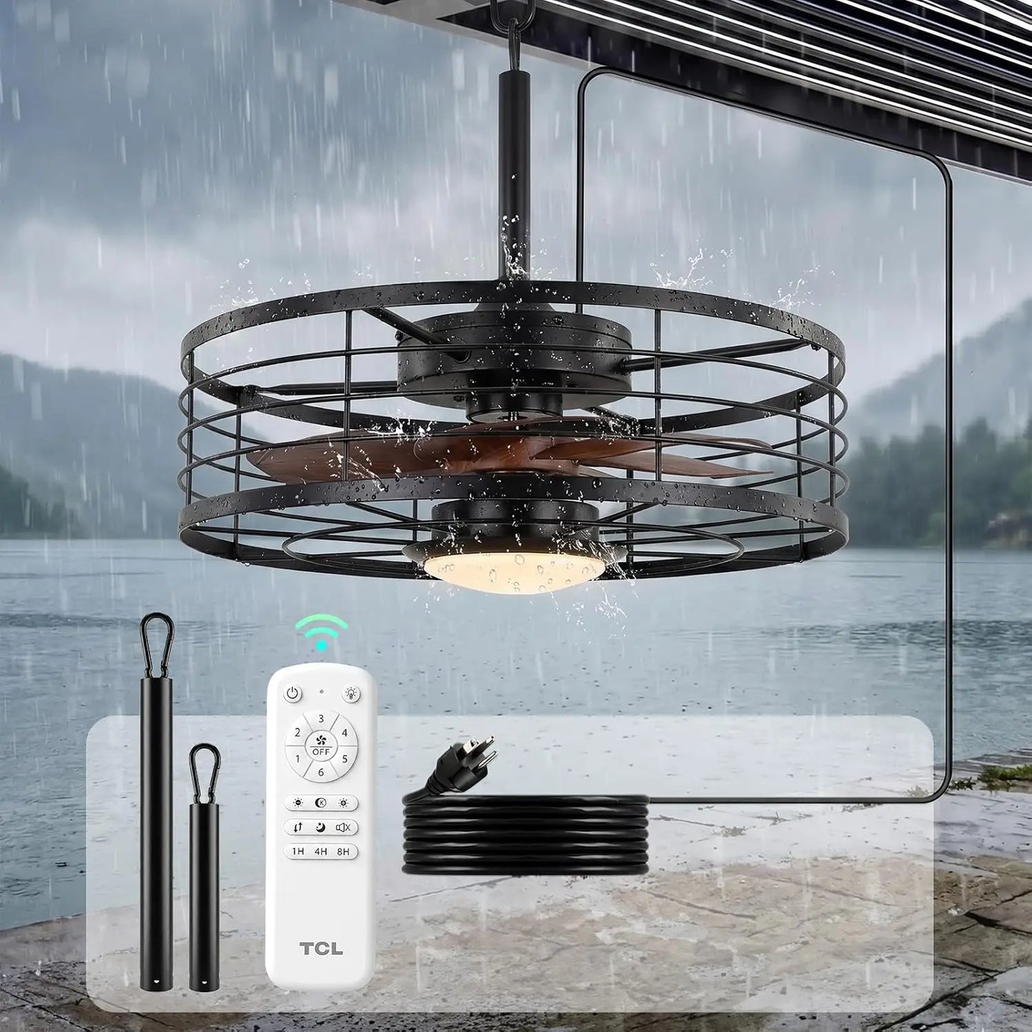 20 Inch Black Metal Cage Ceiling Fan with Light, 7 Blades, Remote Control, 6 Speeds, Dimmable LED, DC Motor, Noiseless for Patio, Porch, Gazebo