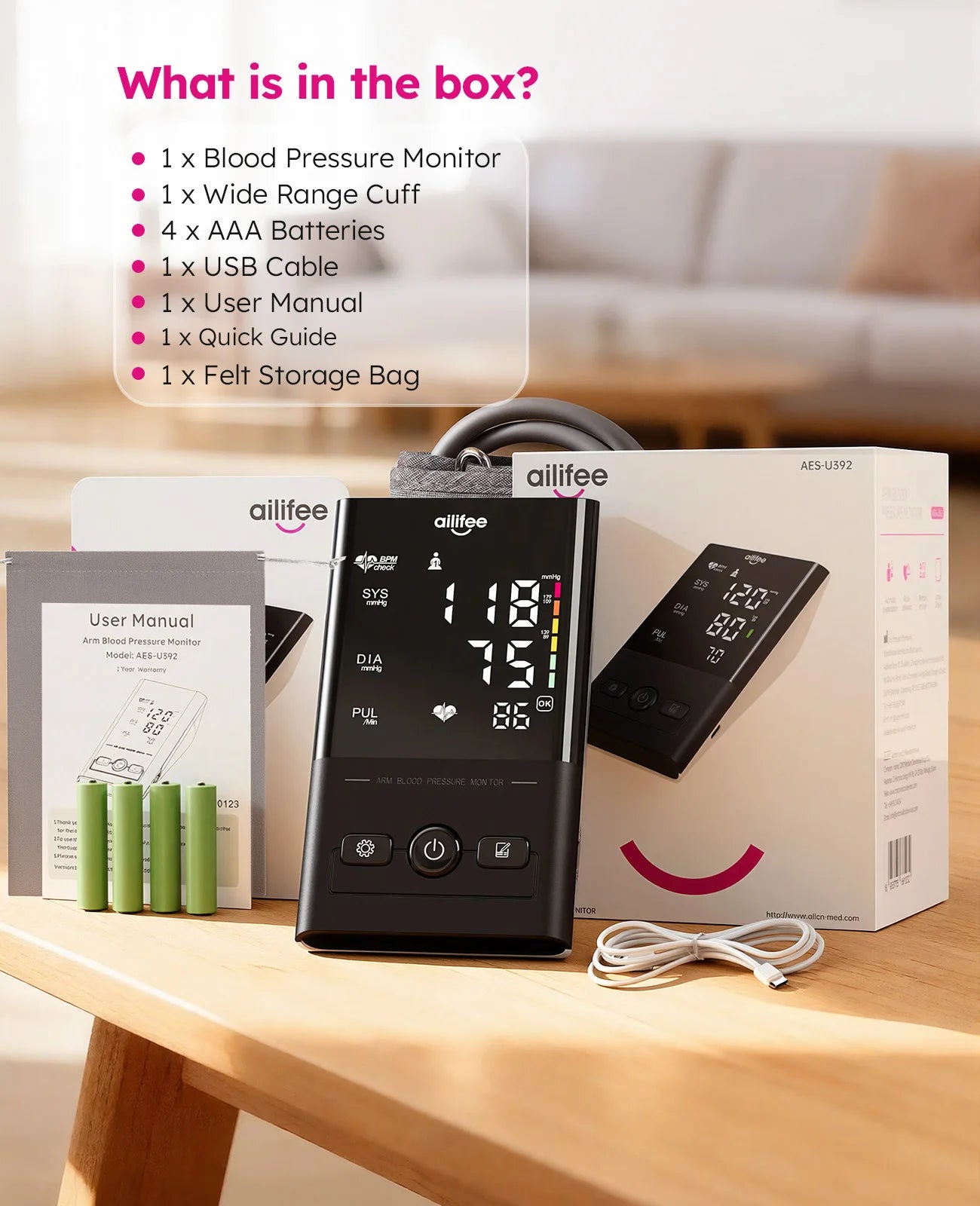 AILIFEE Upper Arm Blood Pressure Monitor For Home Use With LED Backlit Display