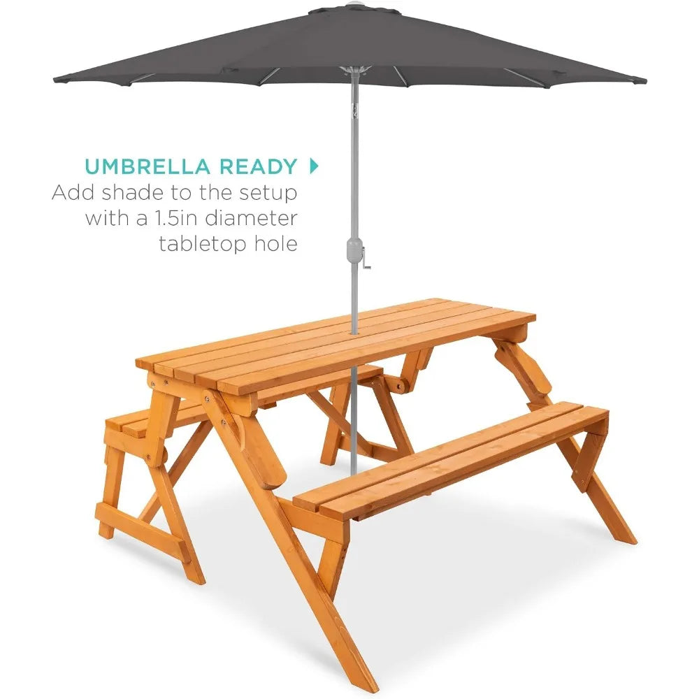 2-In-1 Outdoor Wooden Picnic Table And Bench With Umbrella Hole