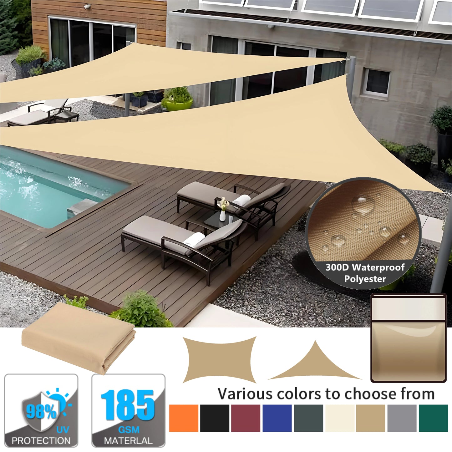 Triangle Sun Shade Sail Canopy UV Block For Outdoor Patio Garden With Free Rope