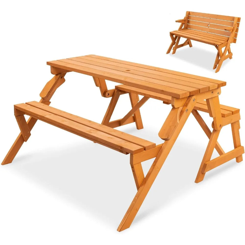 2-In-1 Outdoor Wooden Picnic Table And Bench With Umbrella Hole