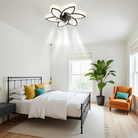 Petal-Shaped Ceiling Fan Light with 6 Wind Speed Settings, Stepless Dimming, Remote Control, and a Reversible Motor for Year-Round Use in Both Winter and Summer. Ideal for Bedrooms, Above Dining Tables, and in Home Offices.