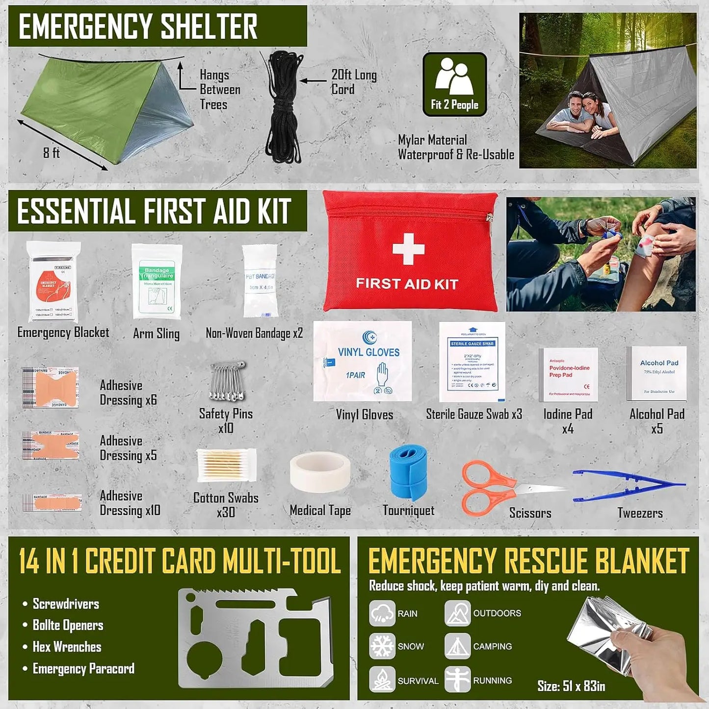 Emergency Survival Kit With First Aid Headlamp Axe And Bag