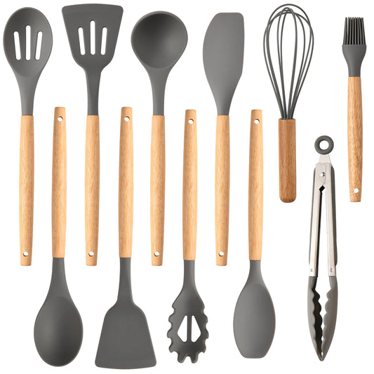 KATISUN 12-Piece Non-Stick Silicone Utensils Set With Wooden Handles
