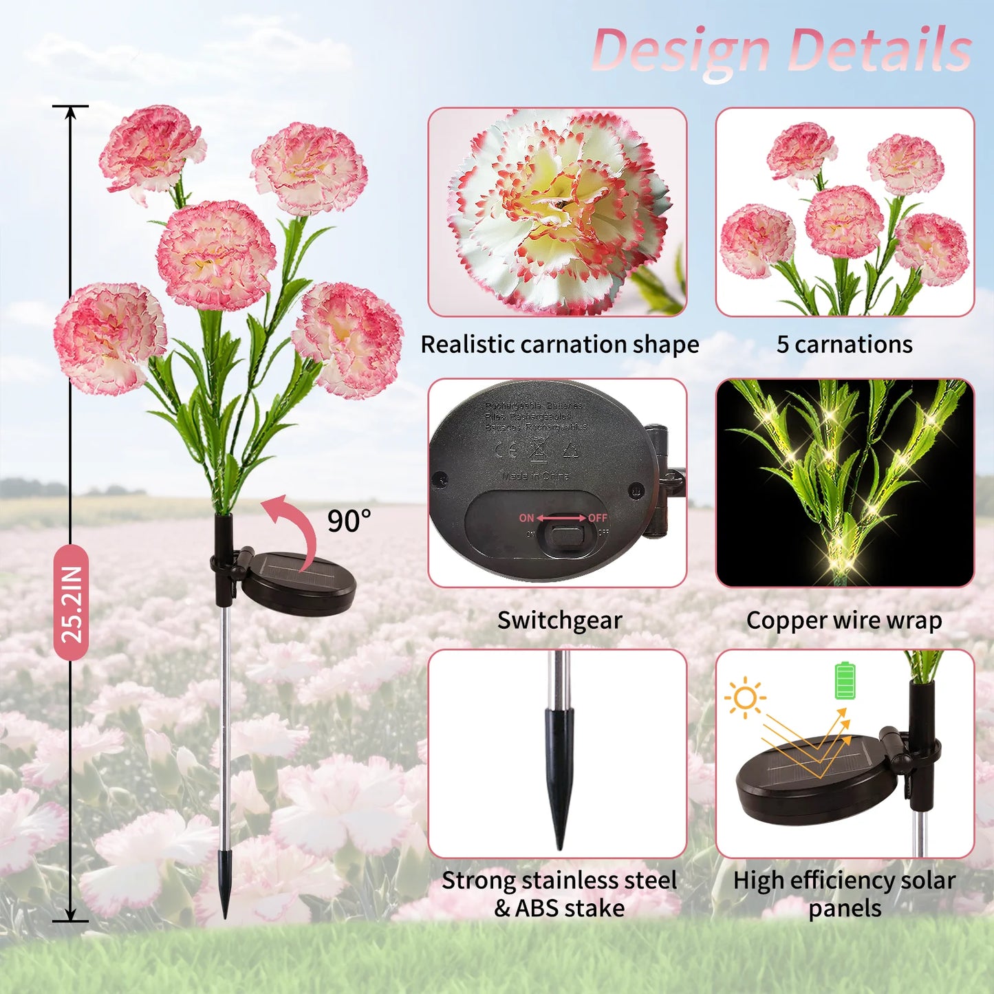 Waterproof LED Carnation Solar Lights For Outdoor Landscape Garden Decor