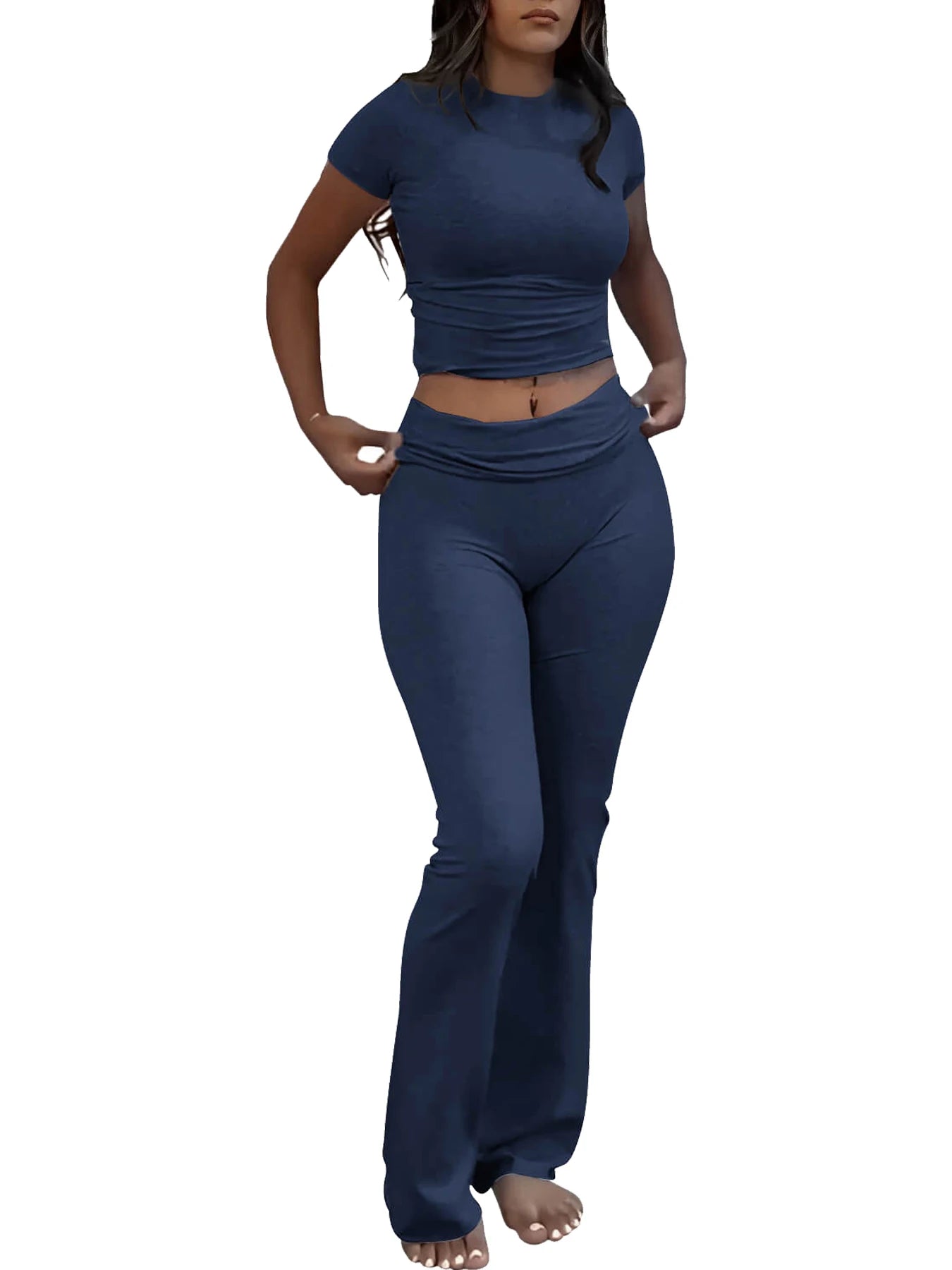 Women's Yoga Set Short Sleeve Top With Cuffed Flare Trousers