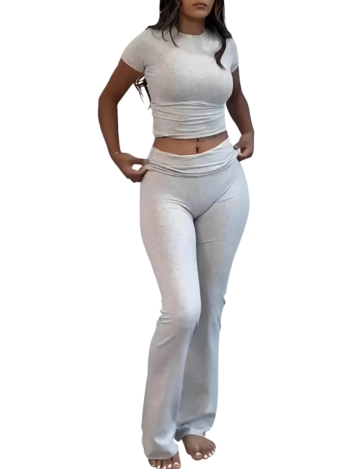 Women's Yoga Set Short Sleeve Top With Cuffed Flare Trousers