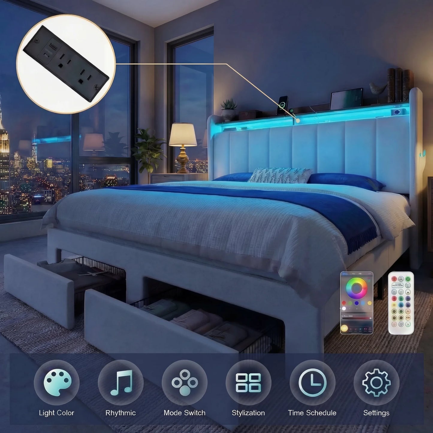 HOOMIC Bed Frame With Storage Drawers LED Lights Charging Station