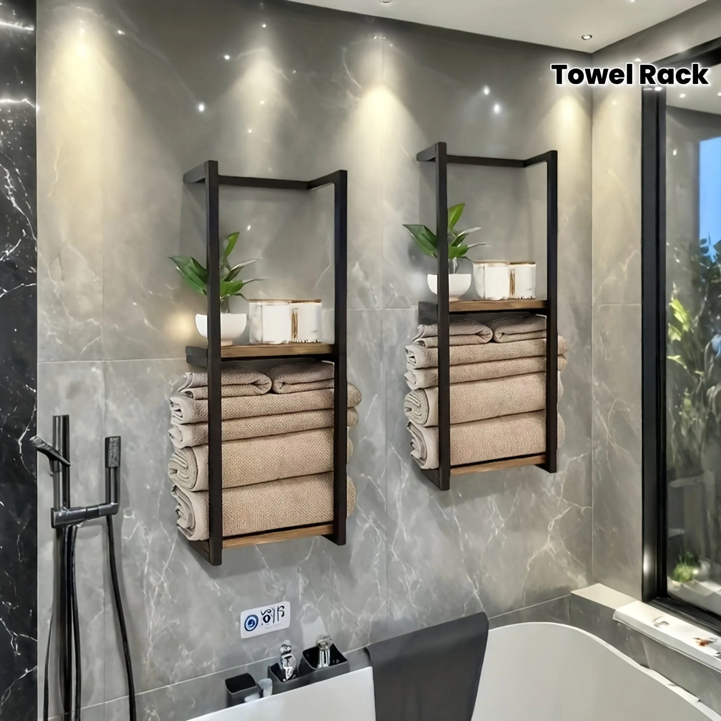 French Country Rustic Carbon Steel Wall Mounted Two Tier Towel Rack With Shelf