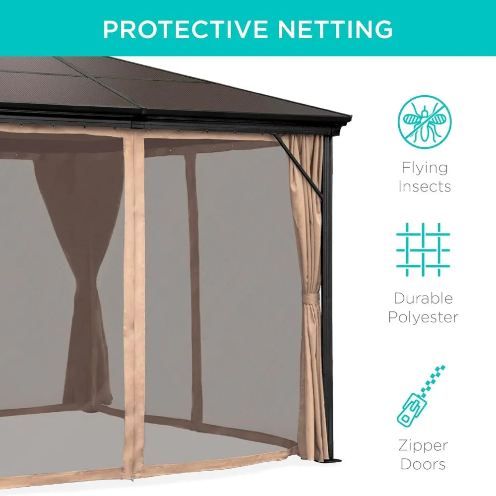 10x10ft Aluminum Hardtop Gazebo With Mosquito Netting And Curtains