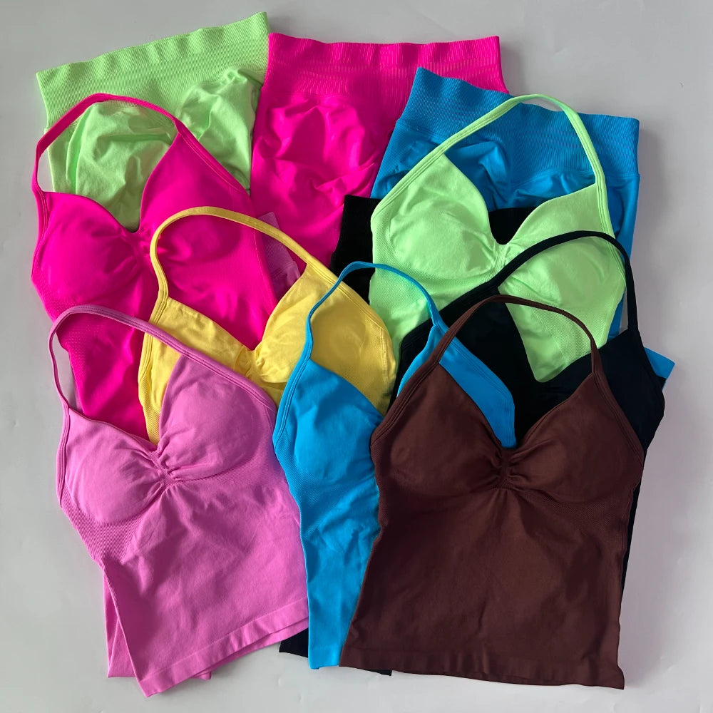 No Logo Seamless Gym Set Women High Waist Tank Tops