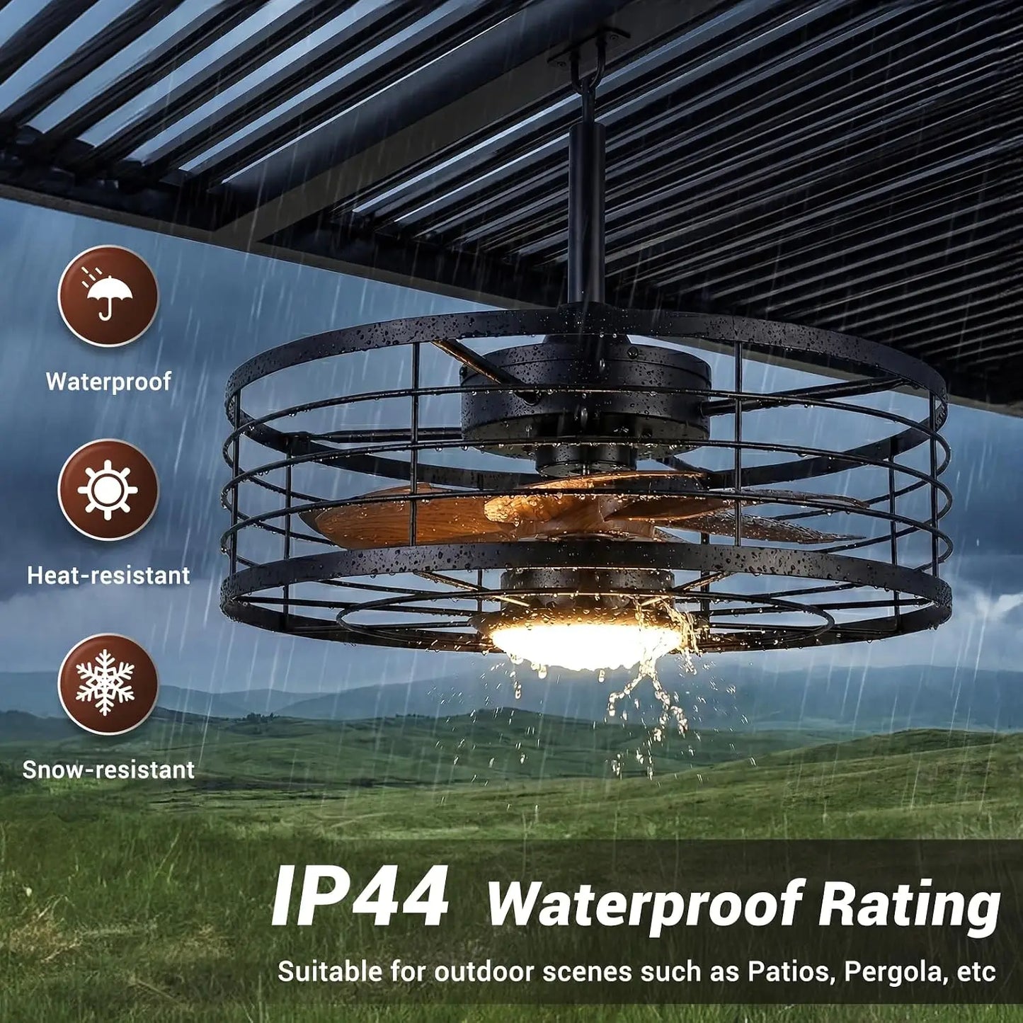 20 Inch Black Metal Cage Ceiling Fan with Light, 7 Blades, Remote Control, 6 Speeds, Dimmable LED, DC Motor, Noiseless for Patio, Porch, Gazebo