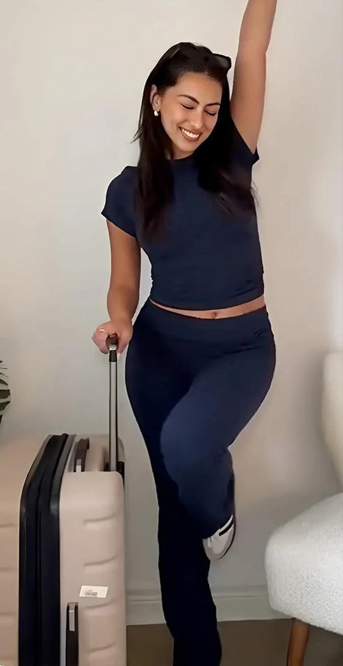 Women's Yoga Set Short Sleeve Top With Cuffed Flare Trousers
