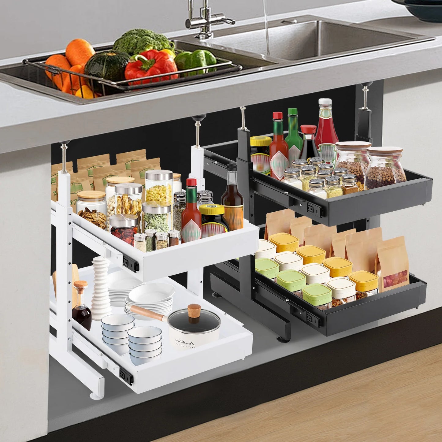 Carbon Steel Expandable Pull Out Cabinet Organizer 2 Tier Drawers