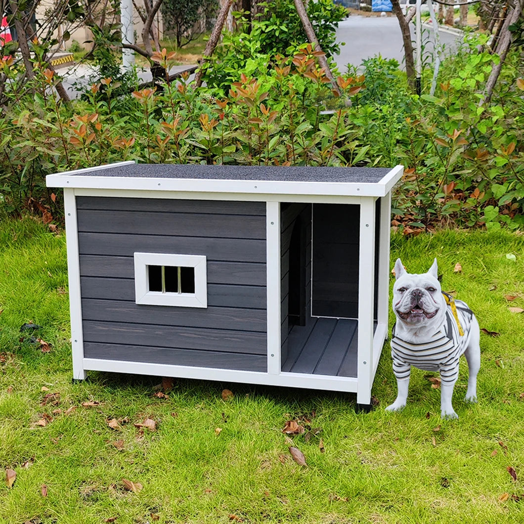 Outdoor Wooden Puppy Kennel With Waterproof Asphalt Roof And Porch